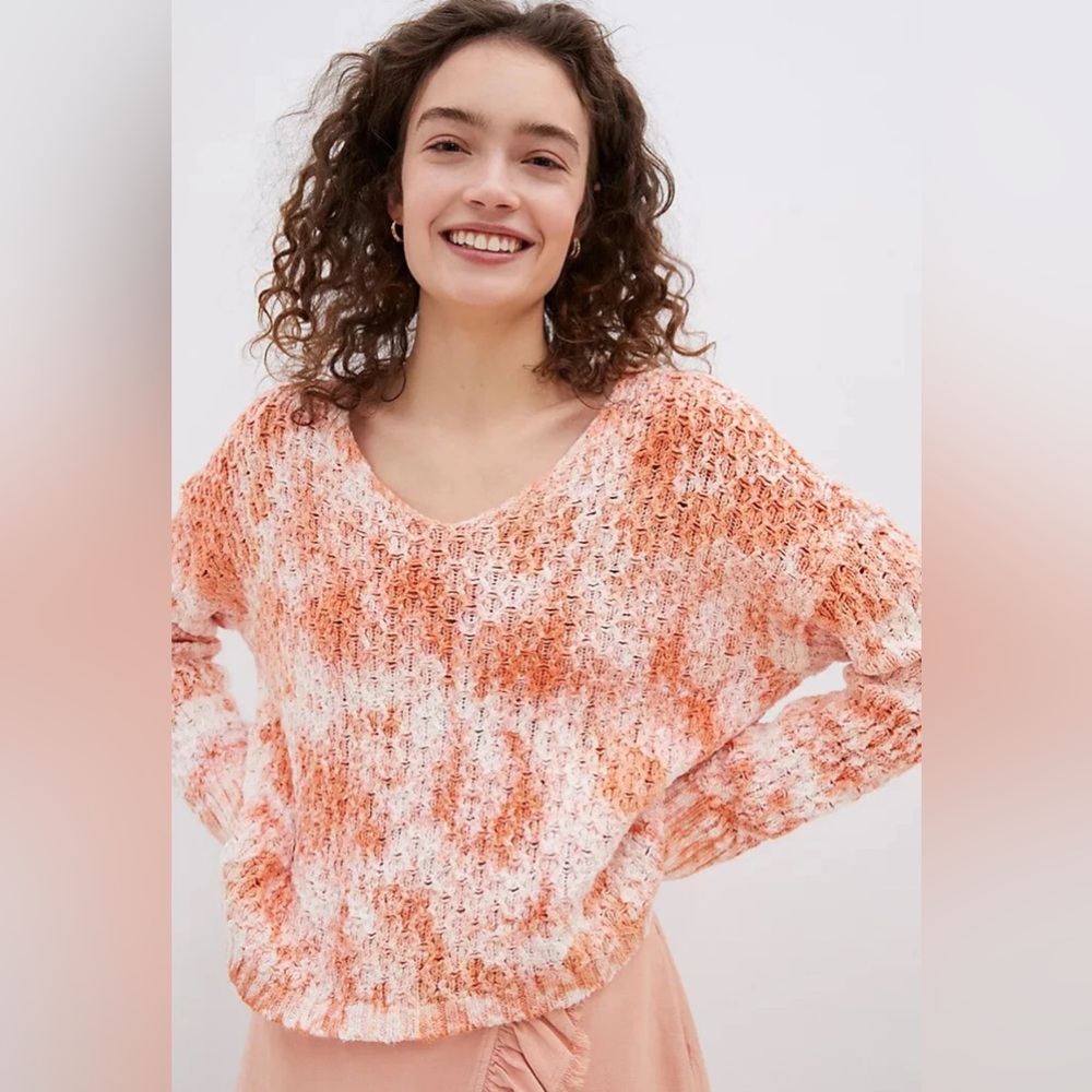 Anthropologie Pilcro Christian V-Neck Pullover Knit Sweater Cotton Coral Size XS